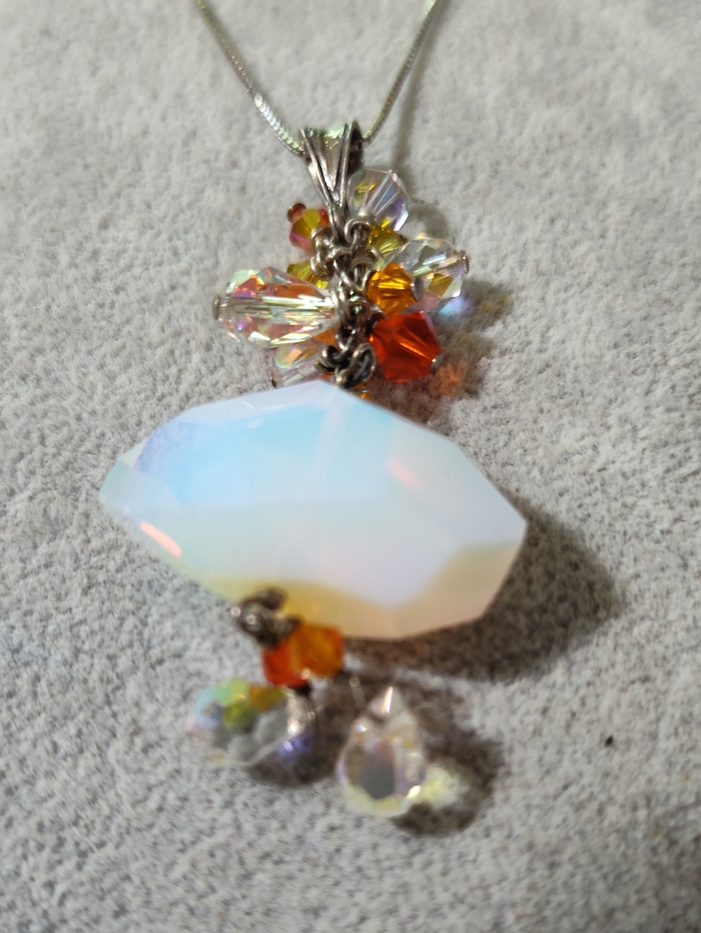 Italy 925 Opalescent Faceted Crystal, Crystal Dangles Necklace, 17"  3" Pendant